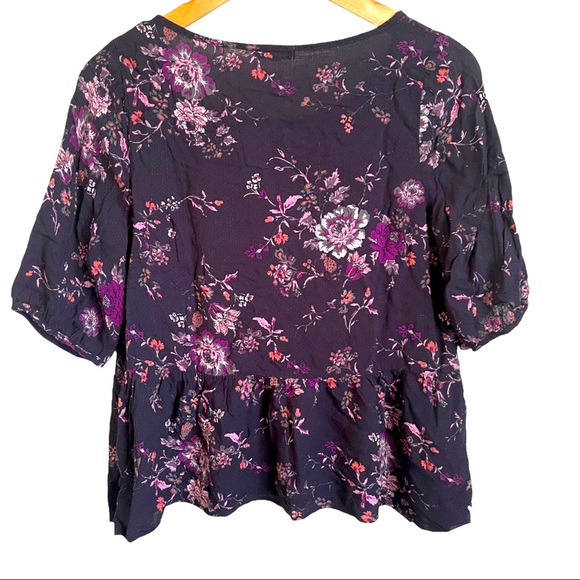 eyeshadow Keyhole V-neck Floral purple/pink Ruffled Waist 3/4 Sleeves Top size M - Picture 2 of 6